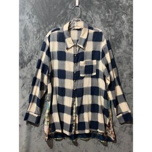 Soft Surroundings Mixed Media Plaid & Floral Scarf Back Tunic Top Blue XL Flaw
